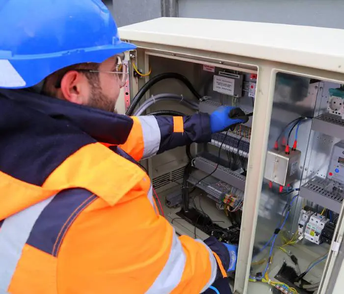 A man in an orange vest and blue hard hat working on a machine.